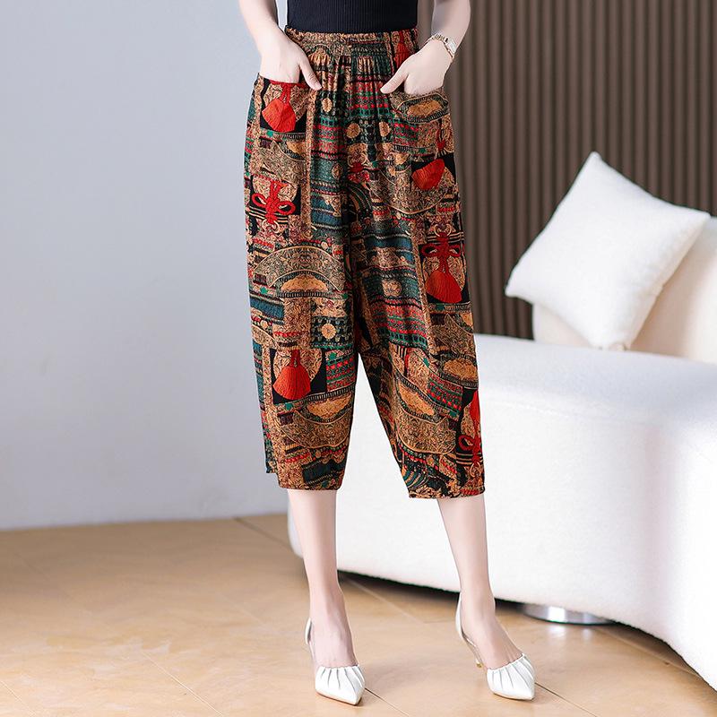 

Women s Floral Elastic Waist Cotton Silk Lantern Pants - Summer Casual Beach Seven-Point Pants for Middle-Aged and Elderly Mothers 4XL