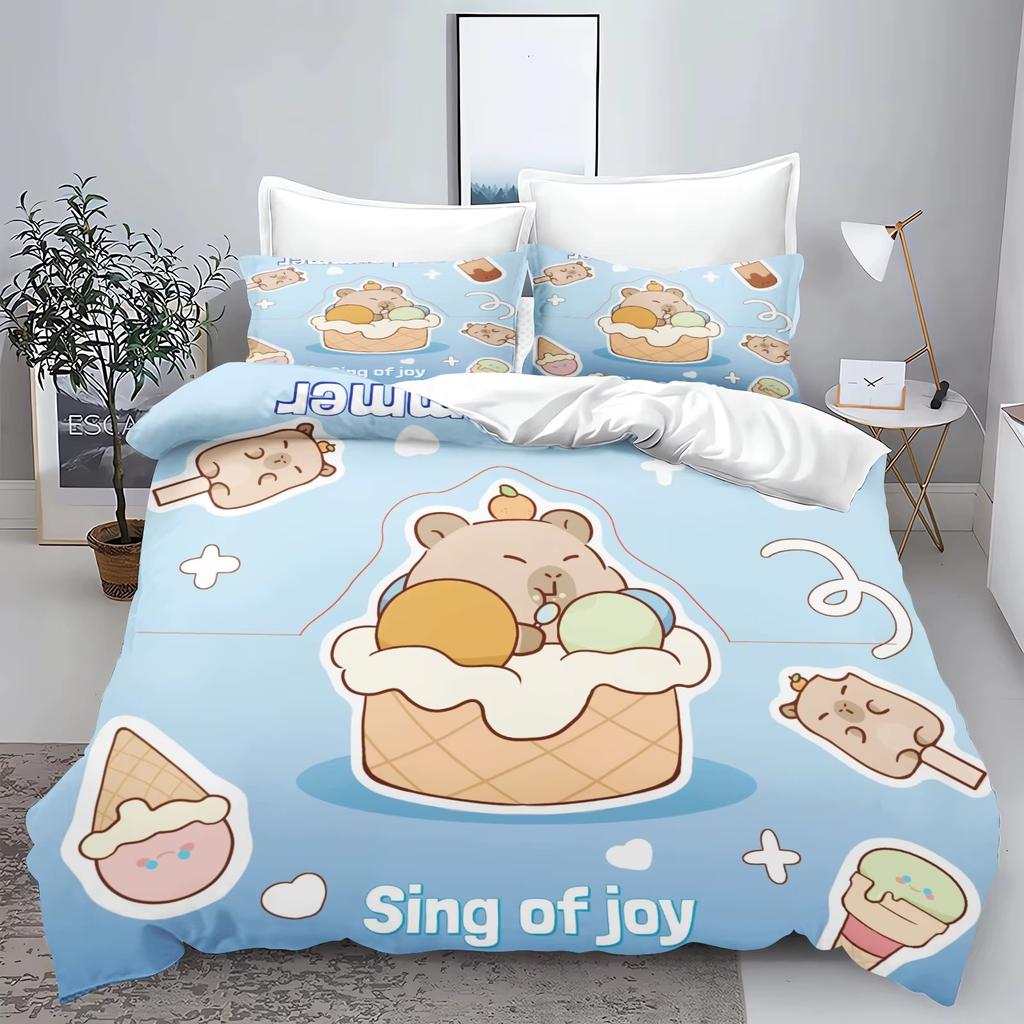 Cartoon Capybara 3D Printed Bedding Set Children's Duvet Cover Pillow Case Set Anime 100_ Polyester Cute Cartoon Home Decoration