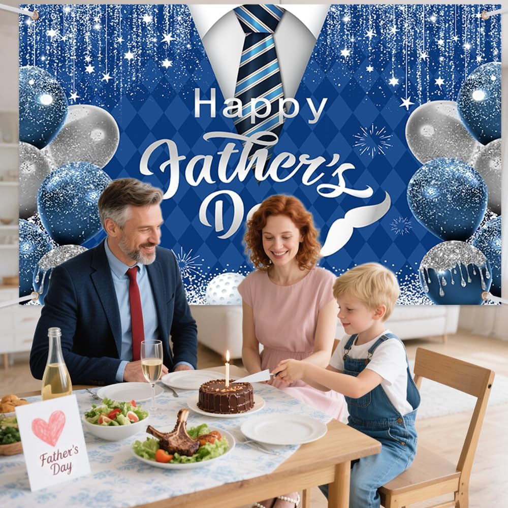 7x5ft Happy Father's Day Backdrop for Photography Blue Silver Glitter I Love You Dad Background Father's Day Tie Balloon Party Decorations Banner
