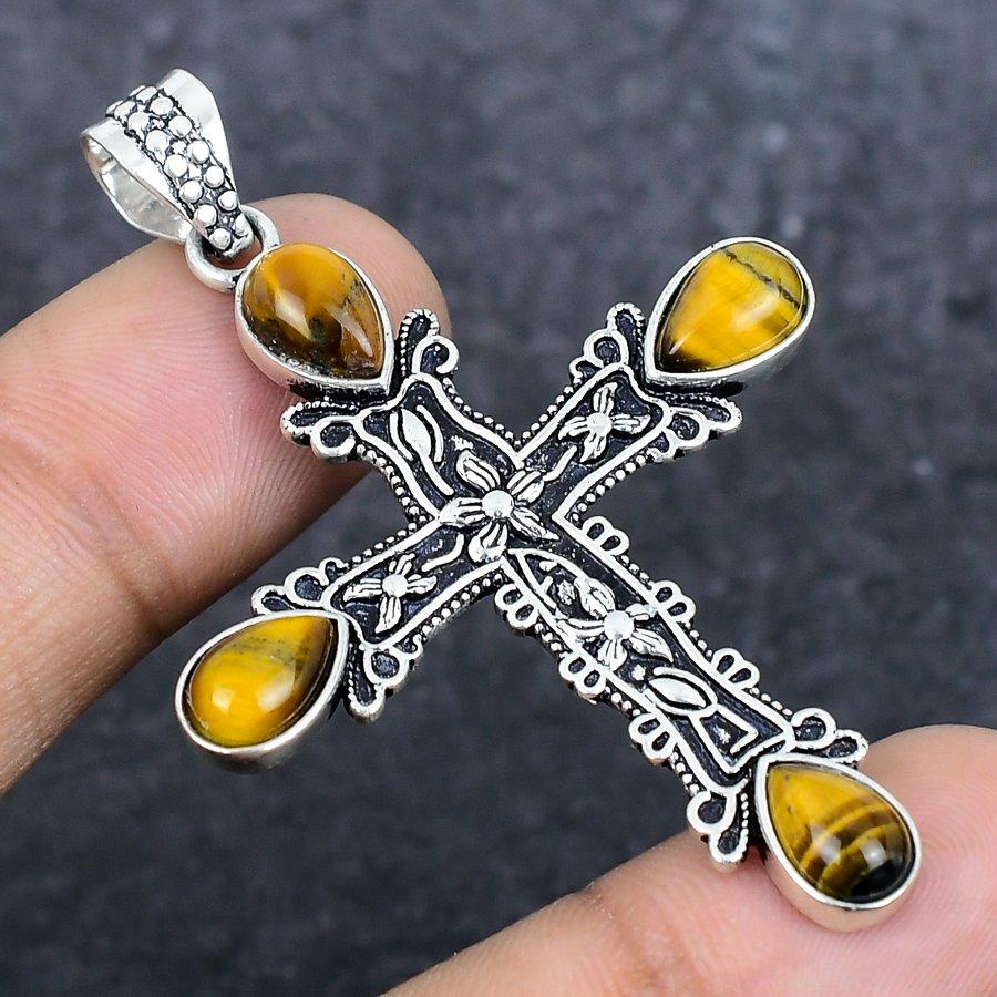 Natural Tiger Eye Gemstone 925 Sterling Silver Jewelry Pendant 2.36" ETC-13928
