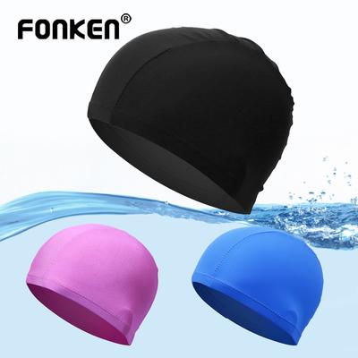 FONKEN Gorro de natación de tamaño libre para adultos y niños, gorro de piscina de poliéster elástico con protección para los oídos, gorro de baño ultrafino para hombres y mujeres