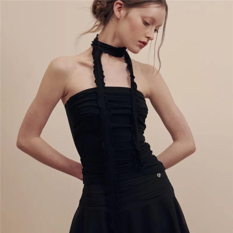 Summer Women s Halter Ruched Tube Top with Ruffle Tie Neck Sexy Slim Fit Solid S чёрный