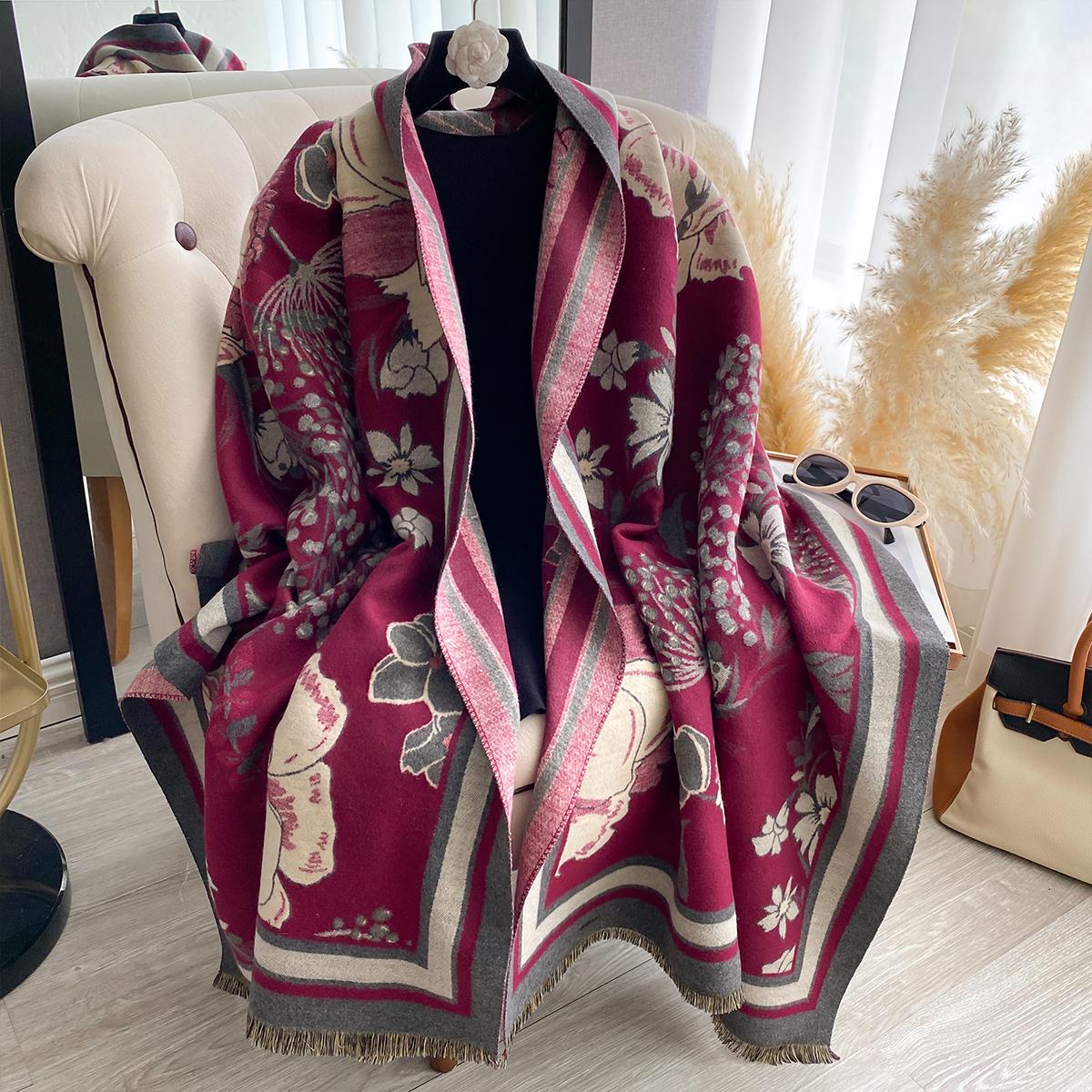 

Women s Double-Sided Floral Print Faux Cashmere Scarf Soft Cozy Pashmina Shawl Autumn Winter Cold-Resistant Windproof Blanket