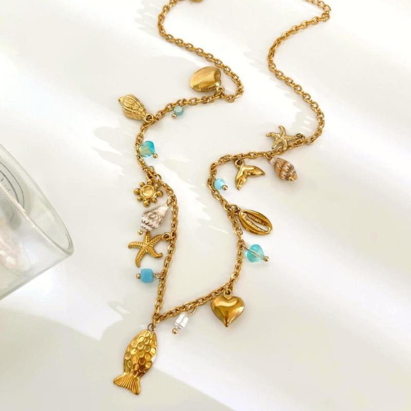 Stylish Marine Inspired Necklace Feature Natural Shell Starfish Fish Charm Adjustable Chain For Everyday Wear