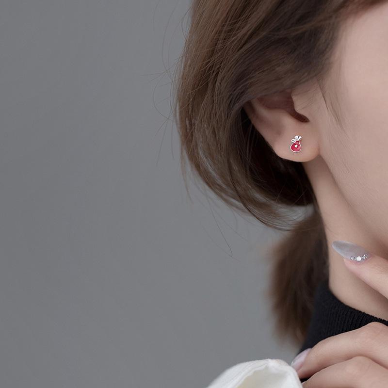 Santa Claus Gift Bag Asymmetrical Stud Earrings: Cute, Girlish Heart Design with Small Glaze Drop.