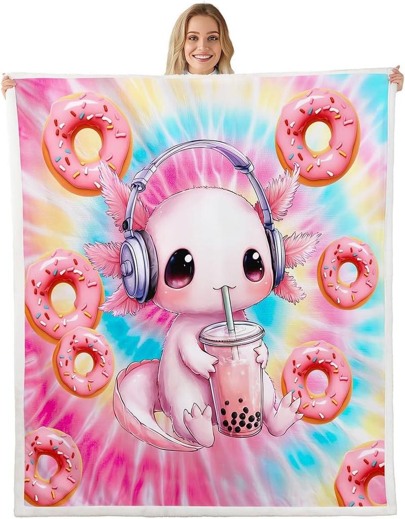 Cute Pink Axolotl Blanket Soft Fleece Throw Cherry Blossom Design Fantasy Art Kids Room Decor