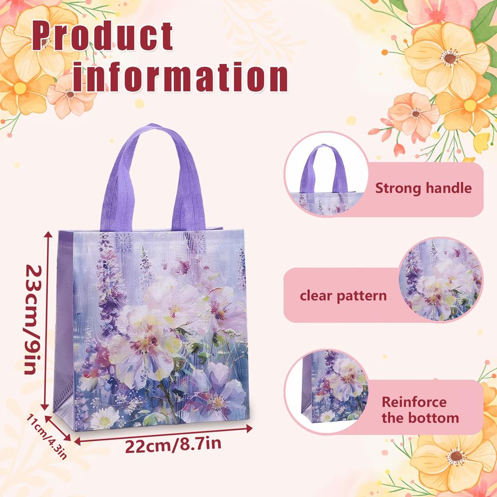 4PCS Flower Print Non-Woven Tote Bags, Oil Painting Art Style Shopping Bags for Birthday, Wedding & Valentine Gifts