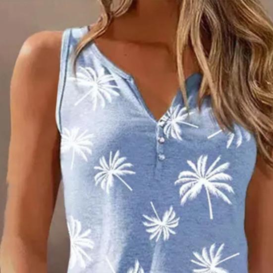 V-Neck Buttons Necklines Sleeveless Vest Cute Coconut Tree Pattern Women Tank