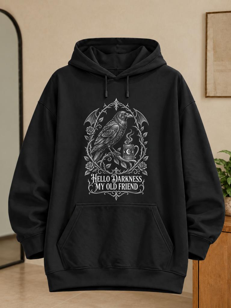 Unisex Hoodie Hello Darkness My Old Friend Gothic Raven Graphic with Roses Bats Ornate Frame and Steaming Cup in Detailed Monochrome Art