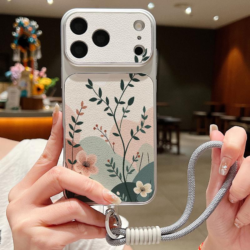 INS Watercolor Floral Leather Lanyard Case For iPhone 18 Pro Max 17 16 15 14 13 Pro Max Luxury Hybrid TPU+PU Anti-skid Soft Phone Cover