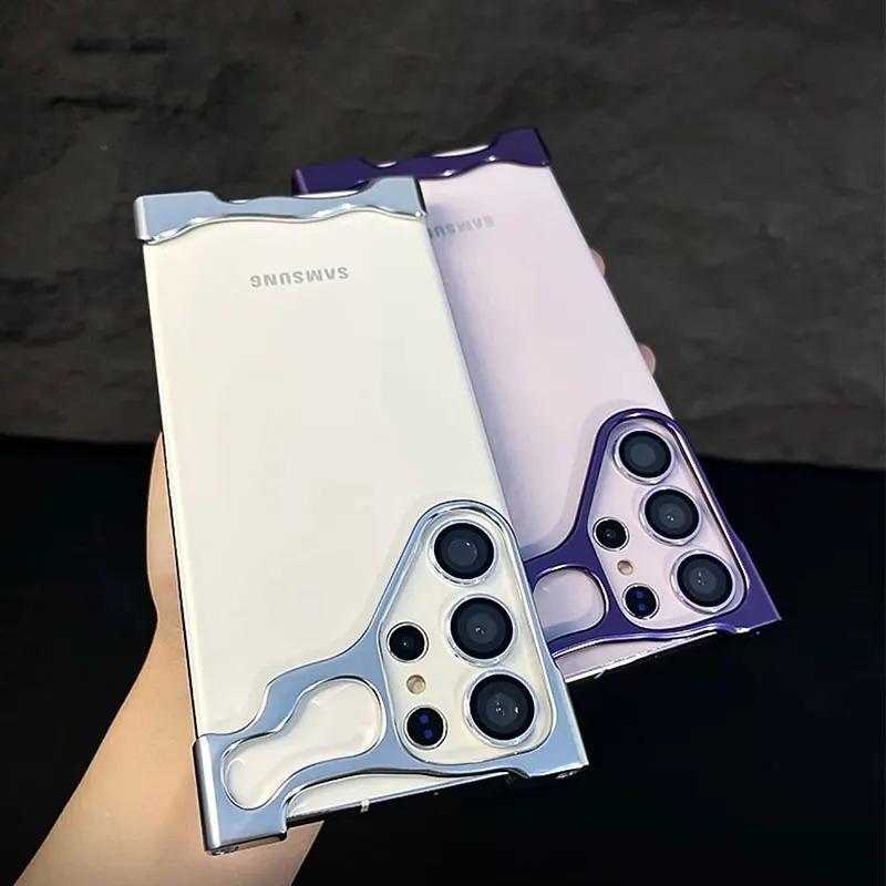 Irregular Metal Case with Lens Film Protection for Samsung S23 S24 Ultra Plus/iphone 15 14 13 12 Pro Max/Xiaomi 14 Pro Bare Aluminum Shockproof Bumper