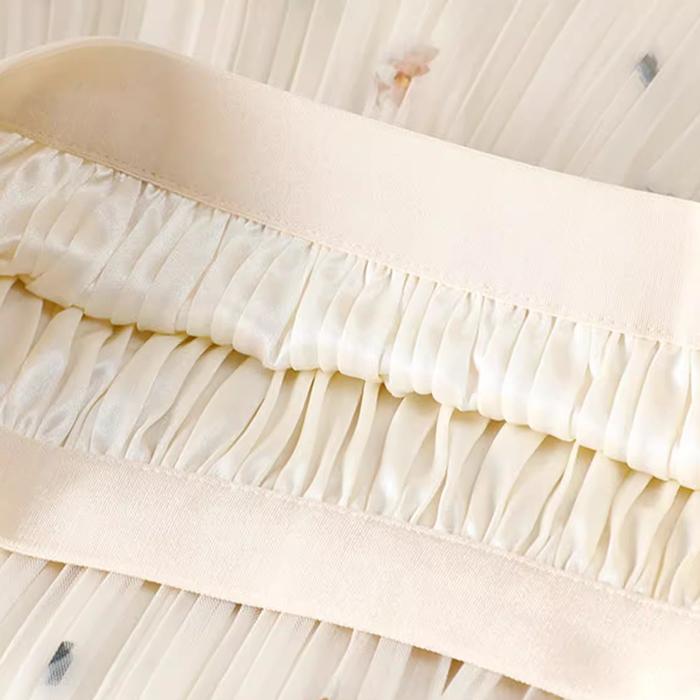 Women Spring Fall High Waist All Match Solid Color Flowers Mesh Pleated Skirt