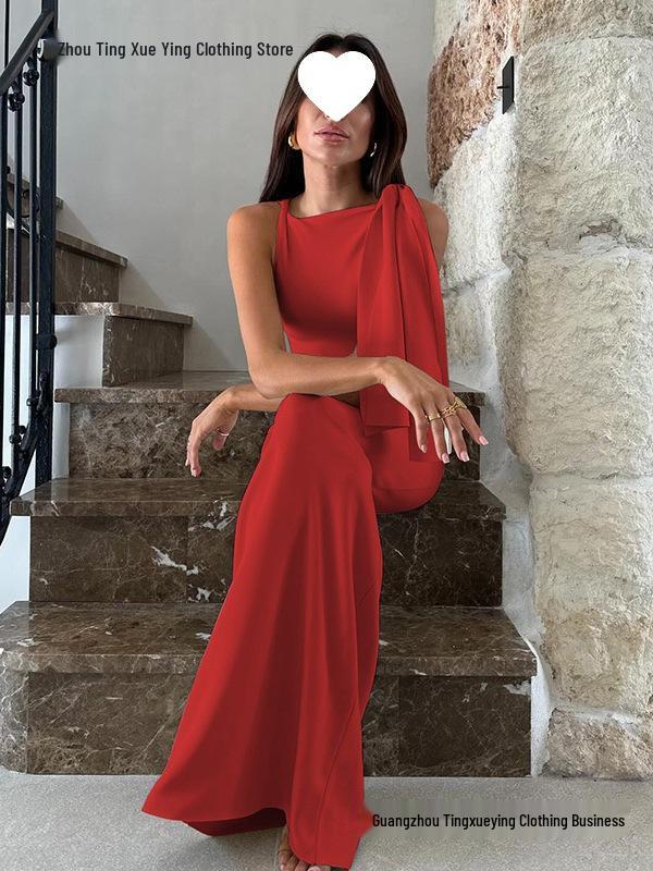 Women's Elegant One-Shoulder Summer Dress - Solid Color Draped Fashion