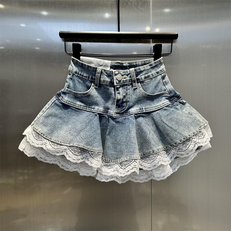 Women's High Waist Denim Mini Skirt A Line Fit Lace Ruffle Layered Cake Skirt Summer Sweet Flared Jean Skirt