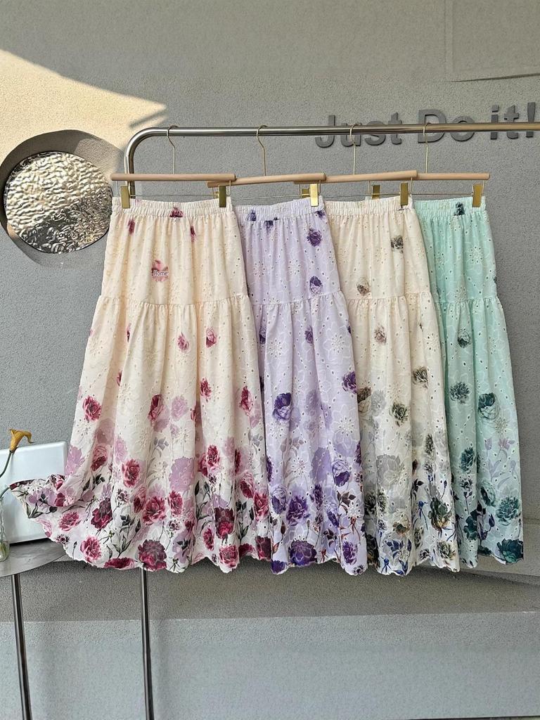 Women's French High Waist Embroidered Crochet Midi Skirt for Autumn/Winter