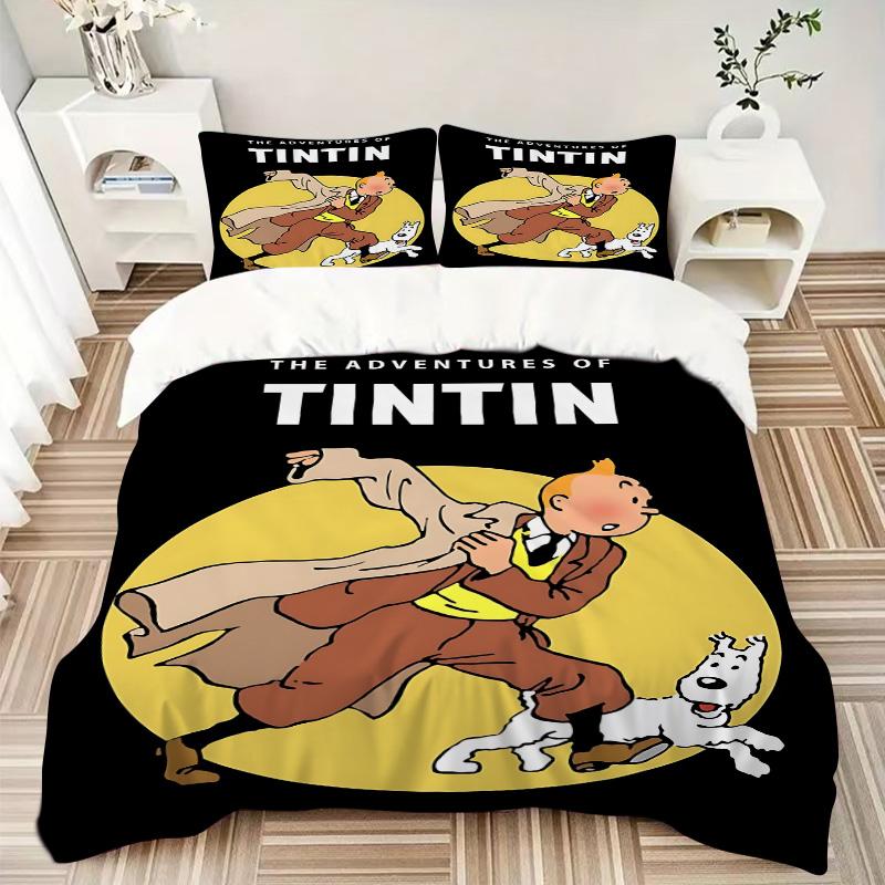 Tintins Dynamische Abenteuer Druck 3-teiliges Bettwäsche-Set Bettbezug mit 2 Kissenbezügen Zuhause Geburtstagsgeschenk
