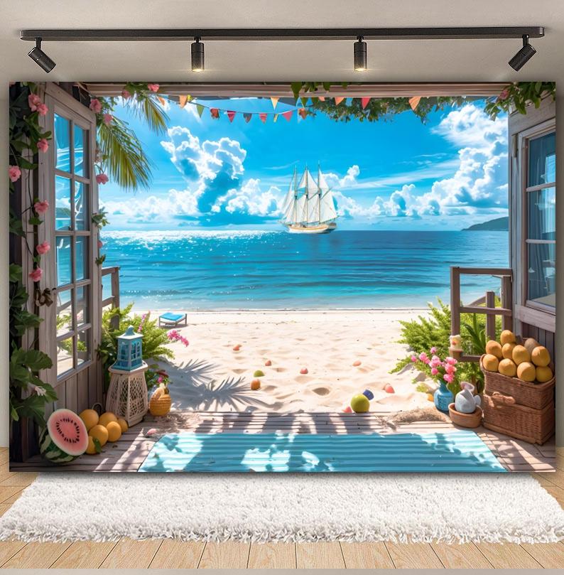 Summer Seaside Fruit Beach Palm Tree Theme Banner Background, Holiday Camping Party Decoration Photography Studio Backdrop Cloth