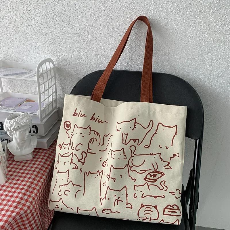 

Fashionable Cartoon Cat Canvas Bag Women s Zipper Handbag Cute Line Cat Shopping Bag Japanese Style Large Capacity Canvas Bag бежевий