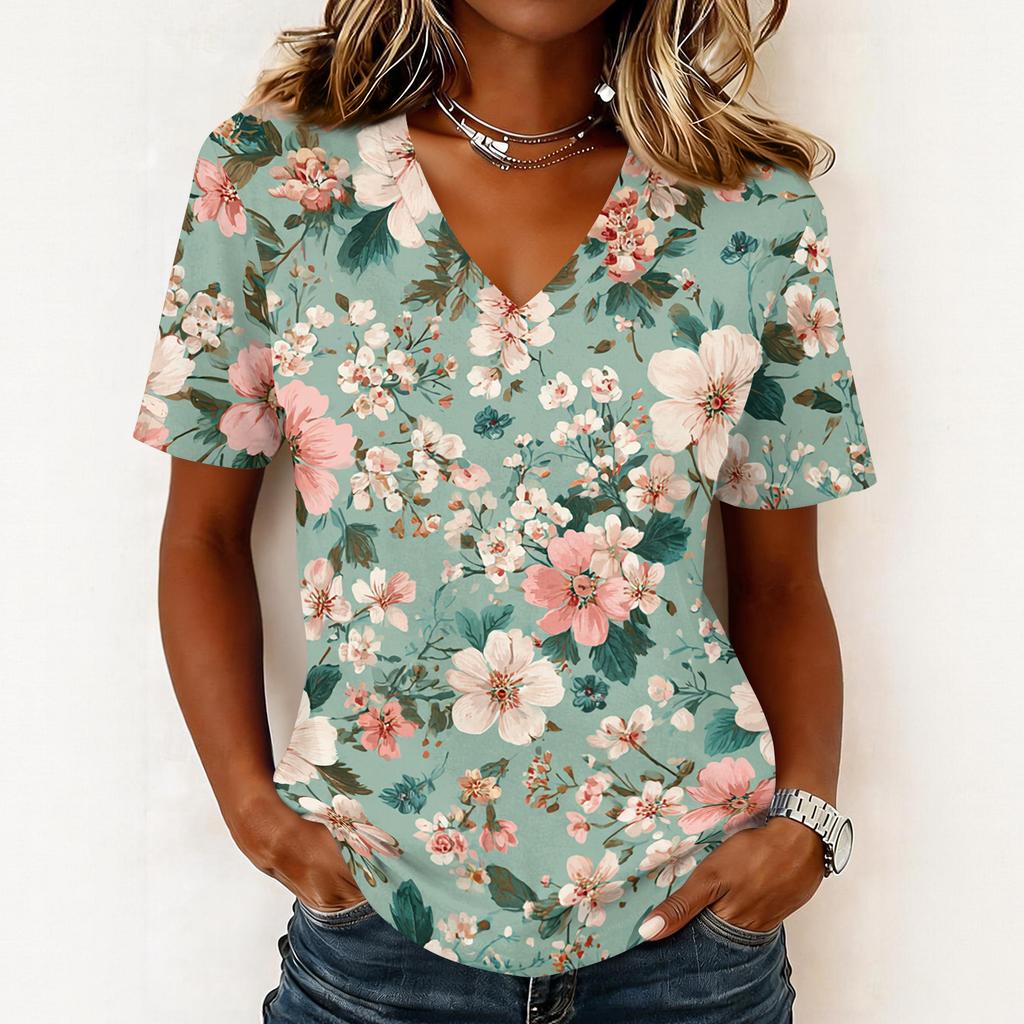 Women's fashionable casual short-sleeved floral print V-neck pullover top