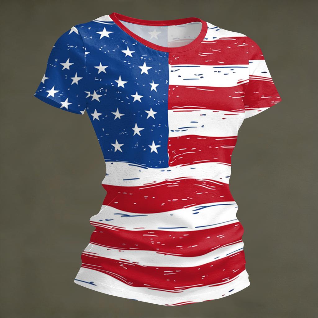 Women's Fashion Round Neck Independence Day Print Short Sleeve Loose Crewneck T-Shirt Top
