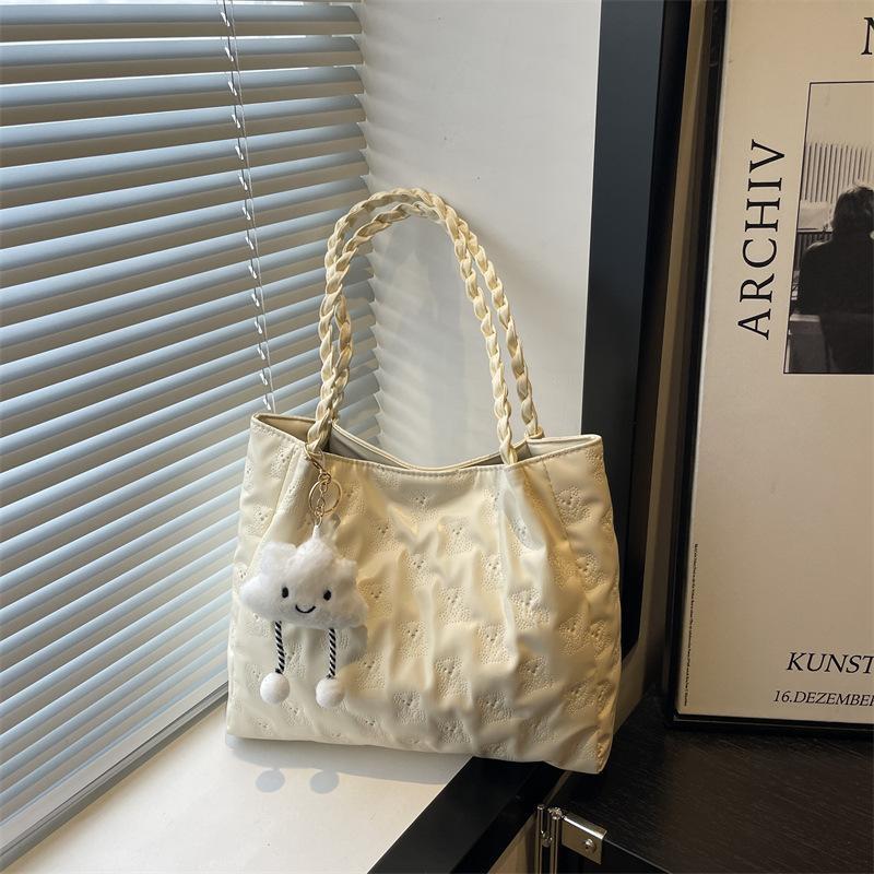 Bow girl heart texture wind embroidery thread pleats large capacity solid color shoulder bag tote handbag