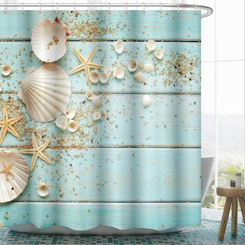 Beach Shower Curtain Turquoise Ocean Theme with Seashell & Starfish, Decorative Fabric Bathroom Curtain with Hooks