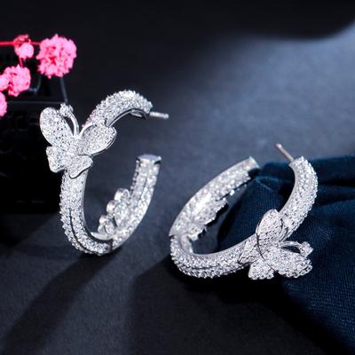 Needle Light Luxury Full Diamond Butterfly C-Shaped Earrings, Three-Dimensional Micro-Inlaid Zircon Temperament Earrings And Earrings.
