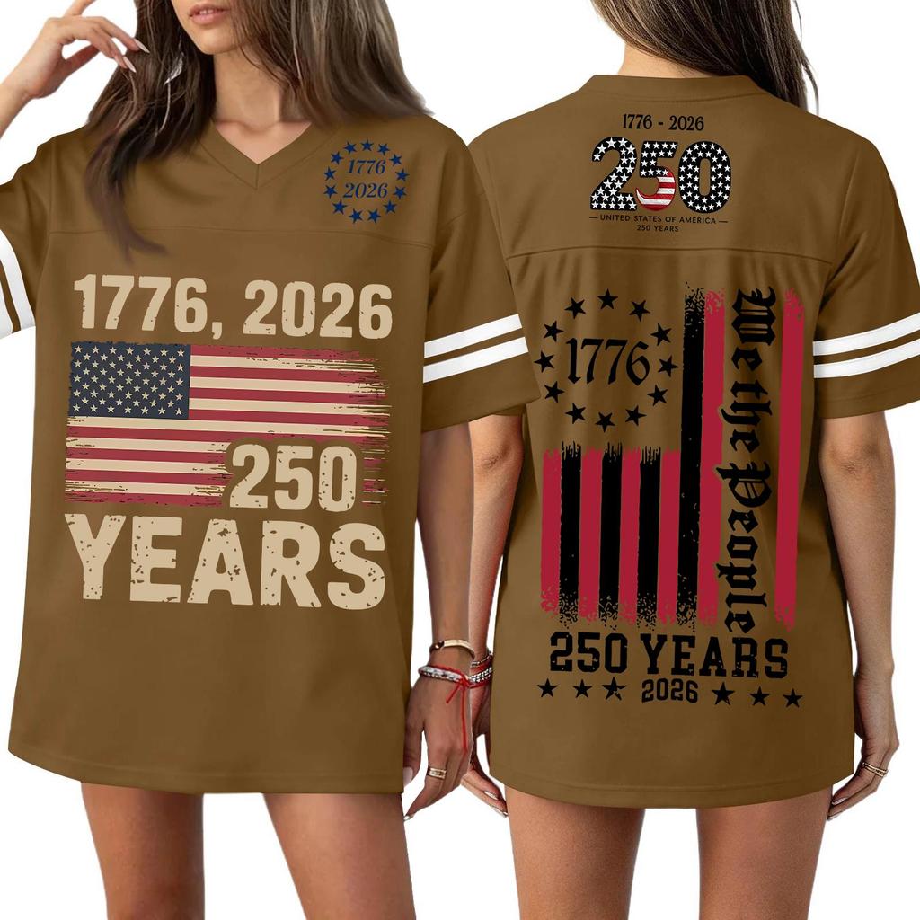 Women's Casual V Neck Jersey Shirt Short Sleeve Athletic Top 250th Anniversary Independence Day Printed T Shirt Loose Fit