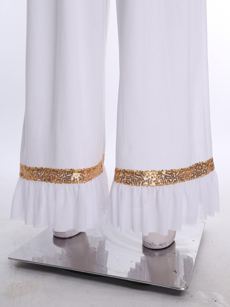 Womens Worship Dance Romper Long Sleeve Back Zip Up Shiny Sequin Ruffled Mesh Trim Wide Leg Pants Jumpsuit