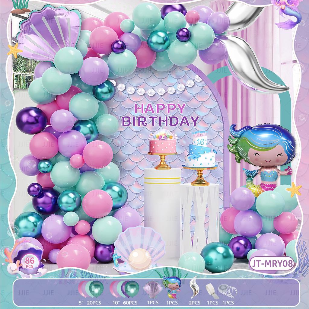 Mermaid Themed Birthday Balloon Chain Set Shell Mermaid Fish Tail Wreath Arch Party Ornament Arrangement