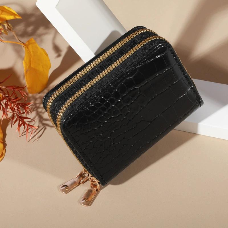 

Вместительный держатель для карт из кожи аллигатора, кошелек-органайзер с двойной молнией для женщин, кошелек для монет из крокодиловой кожи чёрный