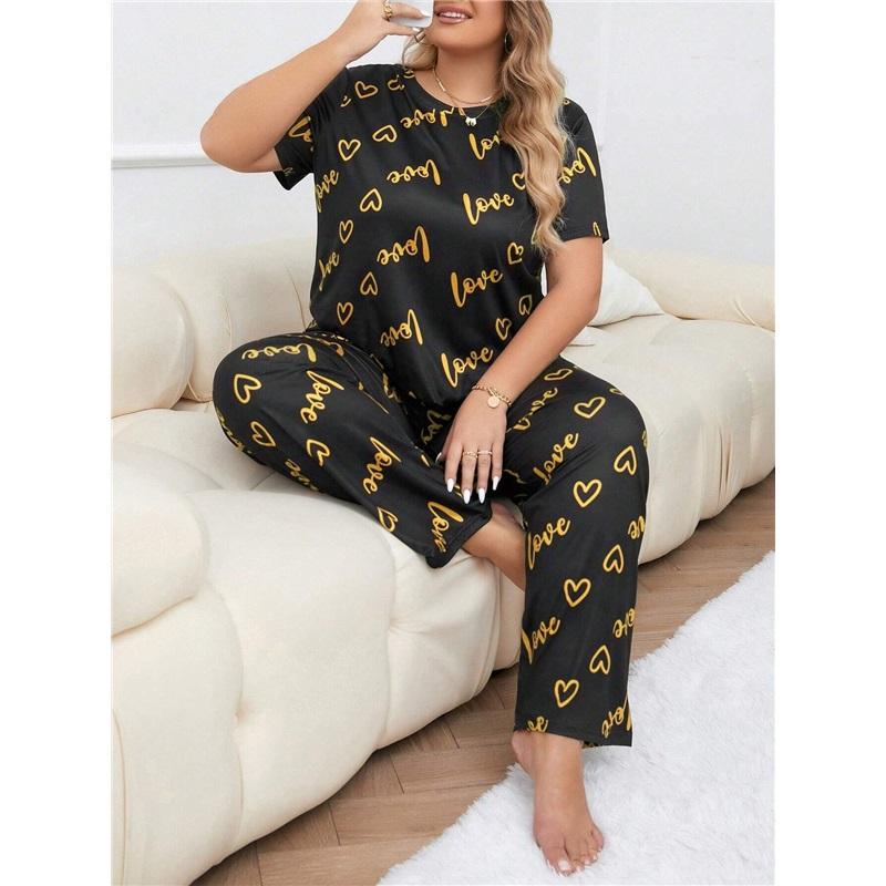 Large Love Love Printed Short Sleeve Pajama Set Loose And Comfortable Two Piece Home Clothes Set