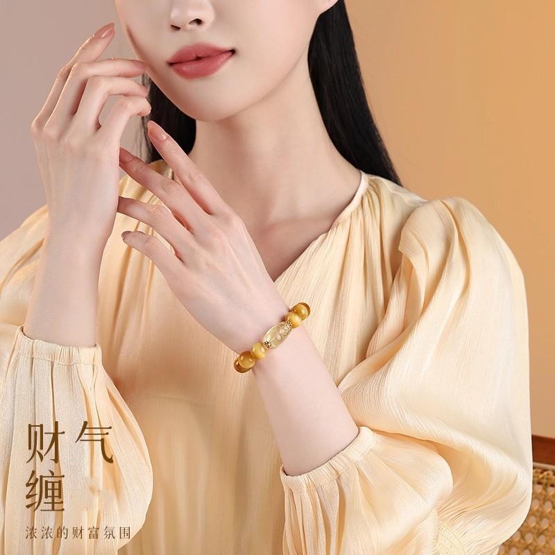 Natural Yellow Crystal Pixiu Bracelet, Collectible New Chinese-style Fortune Gold Tiger Eye Stone Bracelet, Couple's Gift