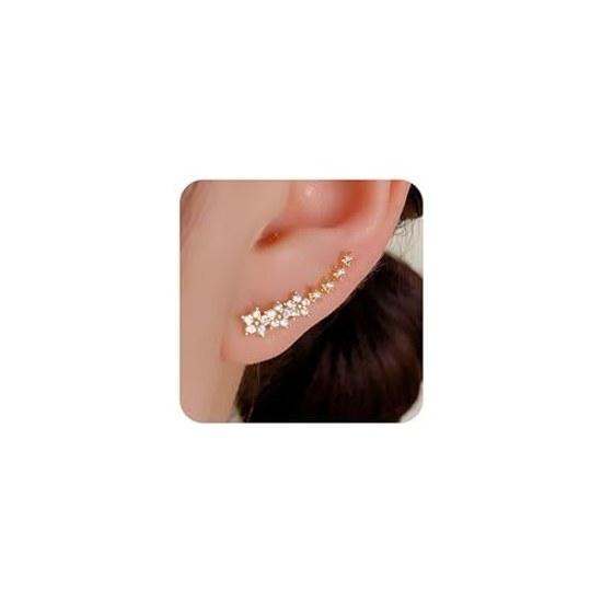ASERIO Earrings Women 14K Plated Metal Allergy Friendly Ear Clips Line Flower Zirconia Catchless Gold Silver Pink Cute Sparkling Birthday Gift Spring