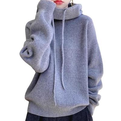 Women Sweater Pile Collar Drawstring Hooded Long Sleeve Knitting Tops Solid Color
