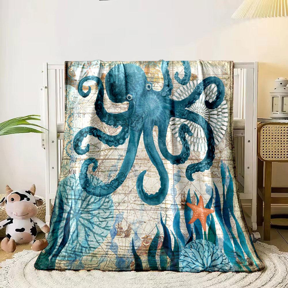Retro Ocean Themed Blanket with Octopus and Old Nautical Map Print Blanket for Livingroom Couch lunch break Soft throw for Friend's festival Gift