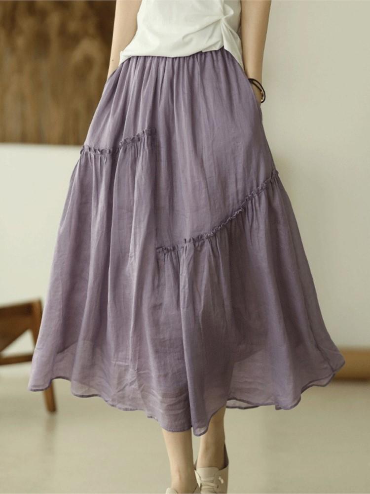 Johnature Women Patchwork Vintage Skirts Elastic Waist Solid Color High Quality Cloths Soft Women A-Line Skirts