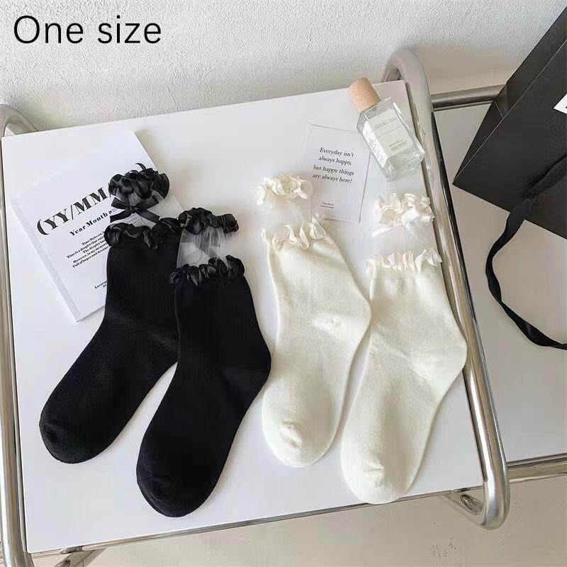 Lolita Bowknot Hollow Out Socks Girly Lace Sweet Bow Sock Casual Crew Loose Sox Summer Thin Breathable Mid-Tube Stockings Gifts