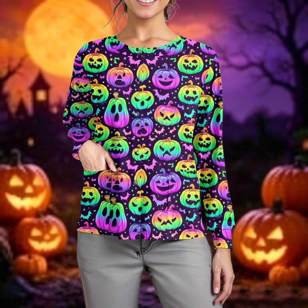 Women Long Sleeve Button Front Cardigan Halloween Print Lightweight Knitwear Pullover Top for Casual Wear and Work