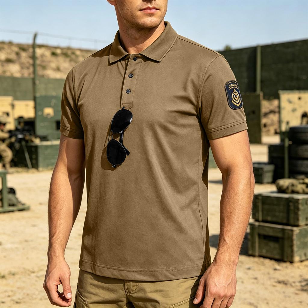 Men's Tactical Quick Dry Polo Shirt Loose Fit Breathable Outdoor Short Sleeve Shirt with Hook and Loop Collar for Casual Use
