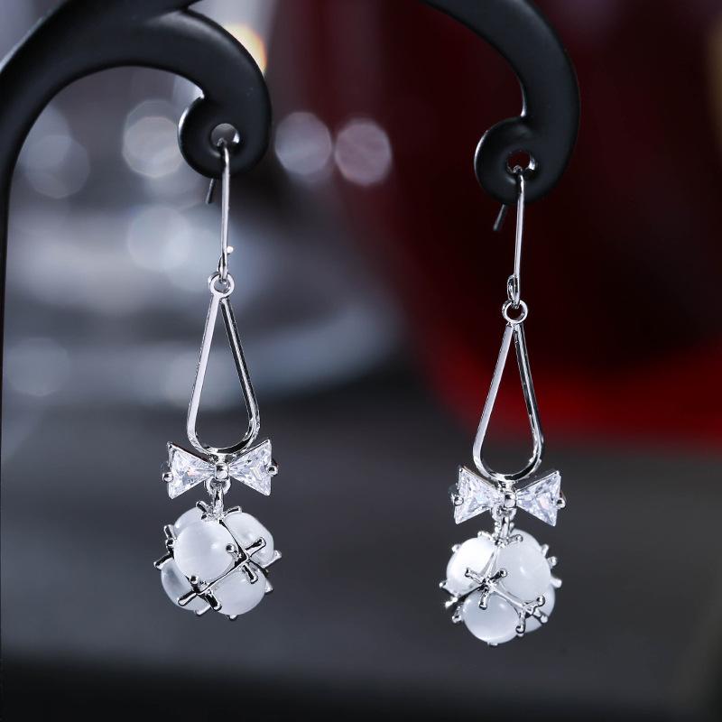 Elegant Korean Style Rhinestone Bow Tie Earrings with Geometric Round Bead Pendant