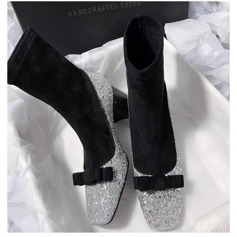 Sequin Booties Women's Fashion Square Toe Bow Paneled Non-Slip Wear-Resistant Skinny Boots