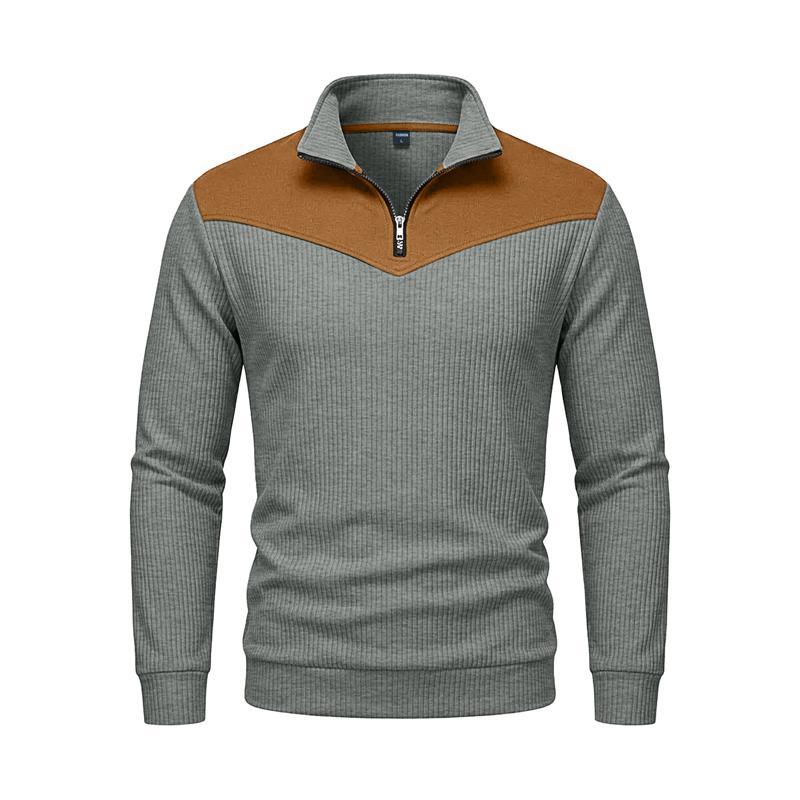 Herbst Winter Herren Color Block Sweatshirt Vertikal Rippstrick Halber Reißverschluss Stehkragen Pullover Wildlederflicken Schulter Ellbogen Vintage Lässig Langarm Oberteile