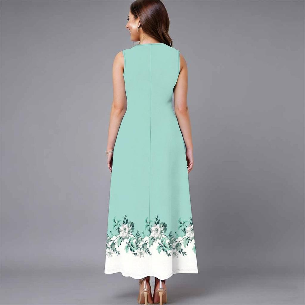 Ladies Oversized Sleeveless Crew Neck Dress Tropical Floral Printed Relaxed Midi Dress
