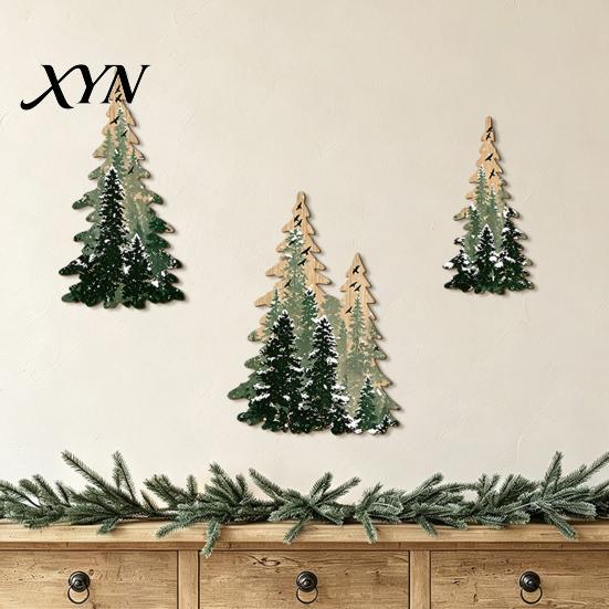 Solid Wood Hanging Tree Set 3Pcs Wooden Christmas Wall Decor, Winter Snowy Pine Rustic Decor Sign, Forest Mounted Ornaments for Xmas Holiday