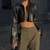 Veste Courte en Simili Cuir Y2K Col Revers Mode Bouton Décoration Manteau PU