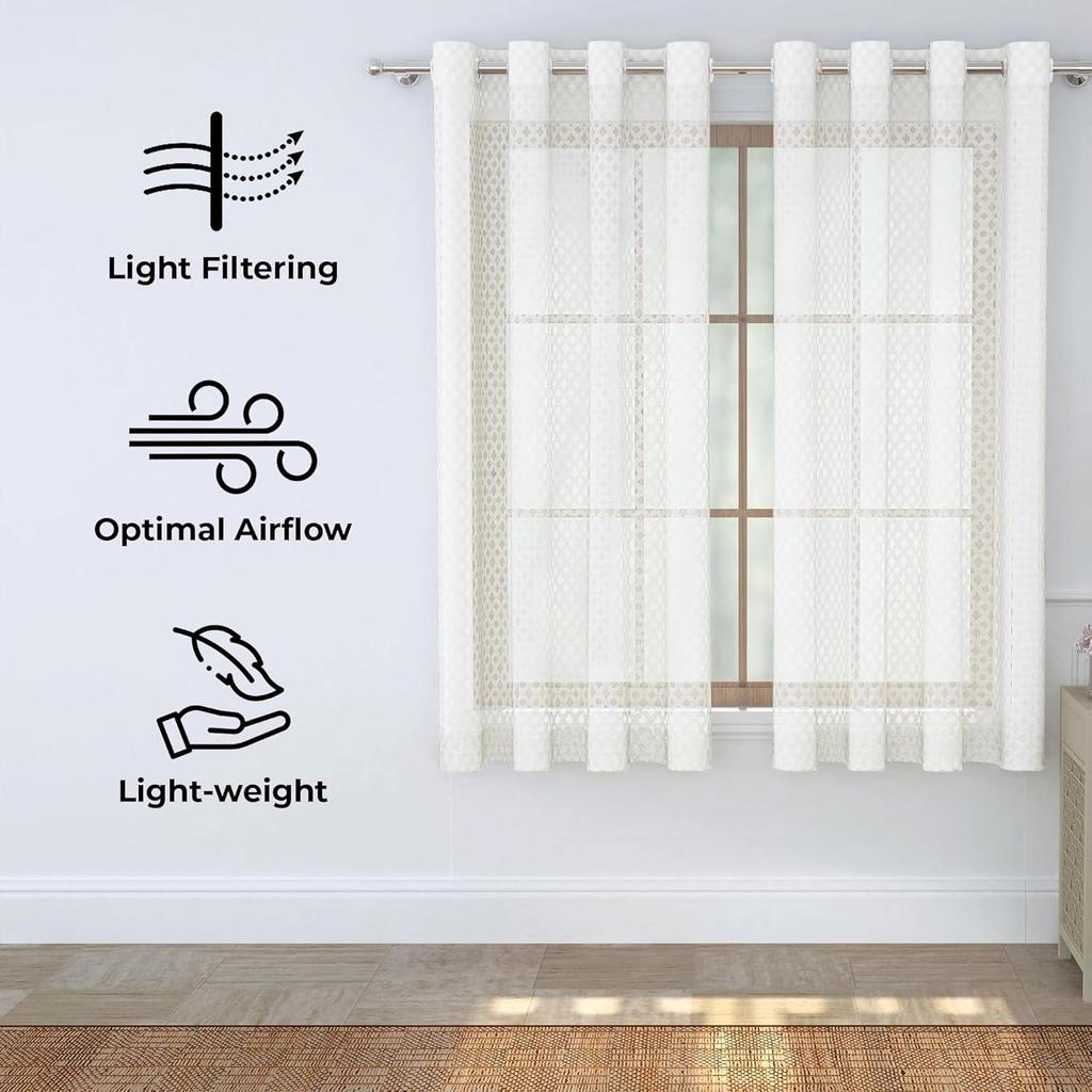 Perdele 1,5 Metri Lungime Set de 2 | Imprimeu Diamante | Perdele de Tul | Perdea Transparentă pentru Sufragerie | (118 X 152 Cm, Alb Off)