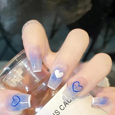 24 Stuks Frisse en Geleidelijke Verandering Draag Nagels Medium en Lange Nagelstuk Blauw en Wit Liefde Nagelstuk Nepnagel