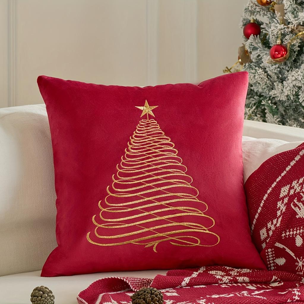 Christmas Tree Snowflake Faux Embroidery DoubleSided Pillow Cover Zippered Cushion Case for Sofa Decor