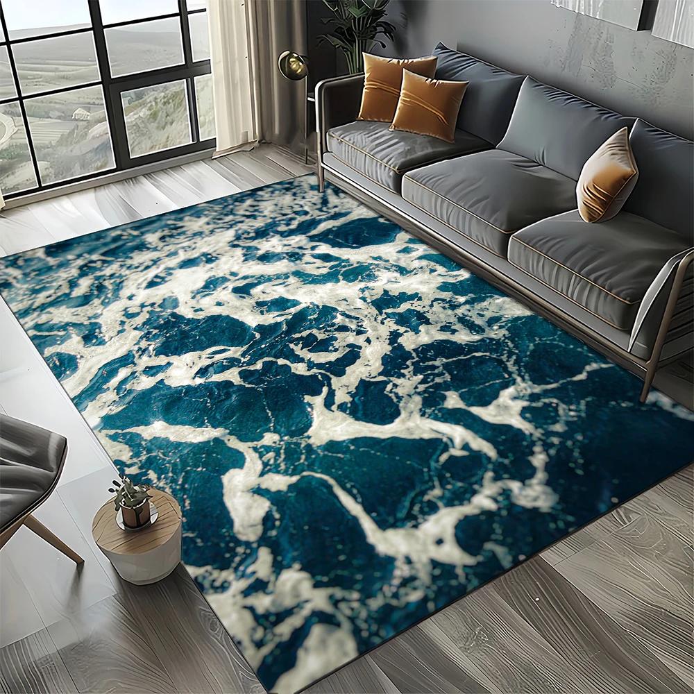 Style New Blue Green Seawater Sea Wave Ocean Carpet Rug for Living Room Bedroom Home Sofa Decoration, Floor Mat
